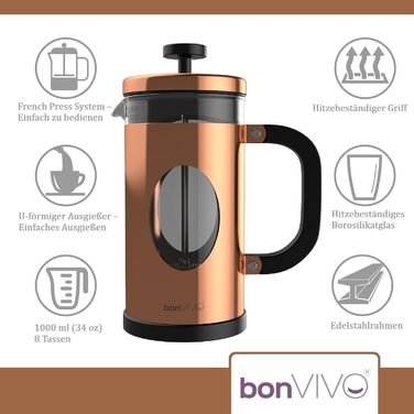 BonVIVO GAZETARO - Френч-прес для кави, 8 чашок, мідна оптика, скло та нержавіюча сталь