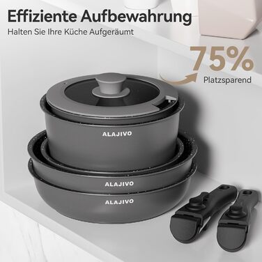 Набір каструль та сковорідок 17 частин з знімним ручками, антипригарне покриття, для всіх типів плит, включаючи індукційні, та духовка, сірий колір