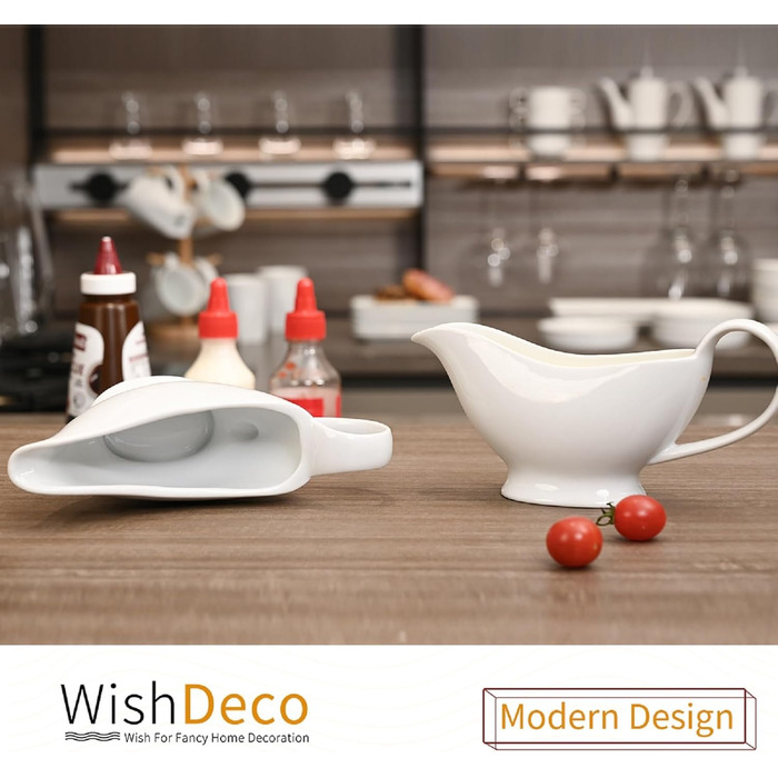 WishDeco біла соусниця з кераміки 220 мл, порцелянова соусниця з ручкою для соусу, салатної заправки, бульйону, крему