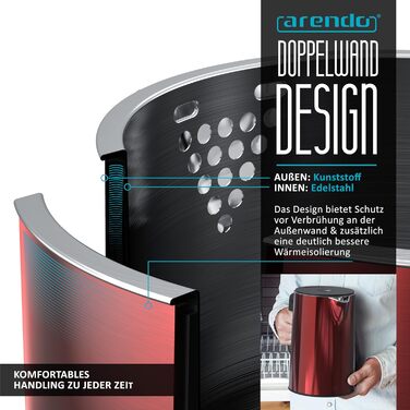 Електричний чайник Arendo з регулюванням температури 40-100°C, 1,5 л, 2200 Вт, модель ELEGANT, червоний