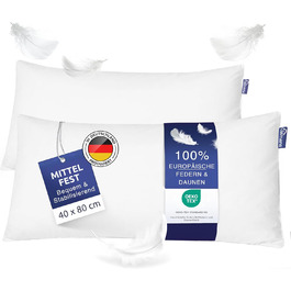 Clemens Down Pillow 2-Pack 40x80 cm Medium Firmness (900g) High-Quality European Feathers 85% & Down 15% Made in Germany, 2-Pack Pillows for Back & Side Sleepers - Down Feather Pillow Set Medium Firmness SET 40 x 80 cm