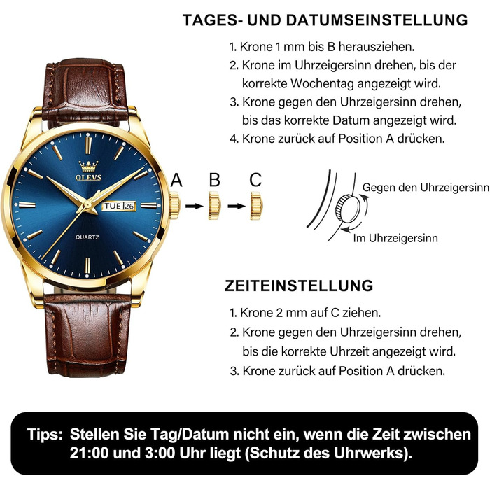 Чоловічий годинник OLEVS з нержавіючої сталі, кварцовий аналоговий годинник, класичний діловий годинник, водостійкий, з підсвічуванням, з датою, на шкіряному ремінці (C2-блакитний циферблат/коричневий ремінь)