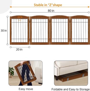 Дерев'яне перегороджувальне ґратка для собак, 4 панелі, широке, 76,2 см, розкладне, бар'єр для тварин, з підставками, масивне тверде дерево та сталевий дріт, захисне ґратка для дверей, коридорів, 76 см висота