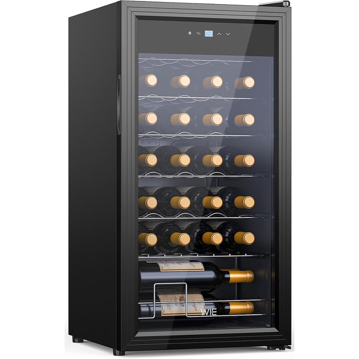 WIE 33 Liter Wine Fridge - 1 Zone Mini Wine Cooler with Glass Door & LED Touch Panel - Anti-UV Wine Storage for 28 Bottles
