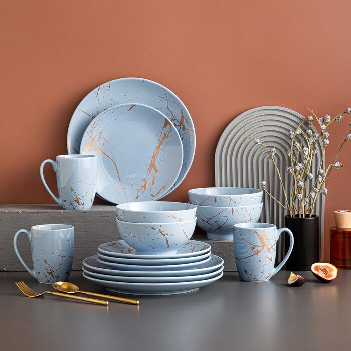 LOVECASA Сервіз столовий порцеляновий, 48-штучний набір посуду Sweet 16, сервіз для їжі з золотим декором, для 4-12 осіб, лавандовий колір