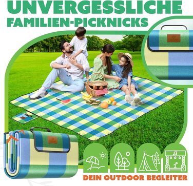 KESSER® Picnic Blanket Camping Blanket XXL 200 x 200 cm - Warm Insulated with Waterproof Bottom, Carrying Handle. Foldable Beach Blanket, Picnic Blankets for 4-6 People. Washable Picnic Blanket (Blue / Green)