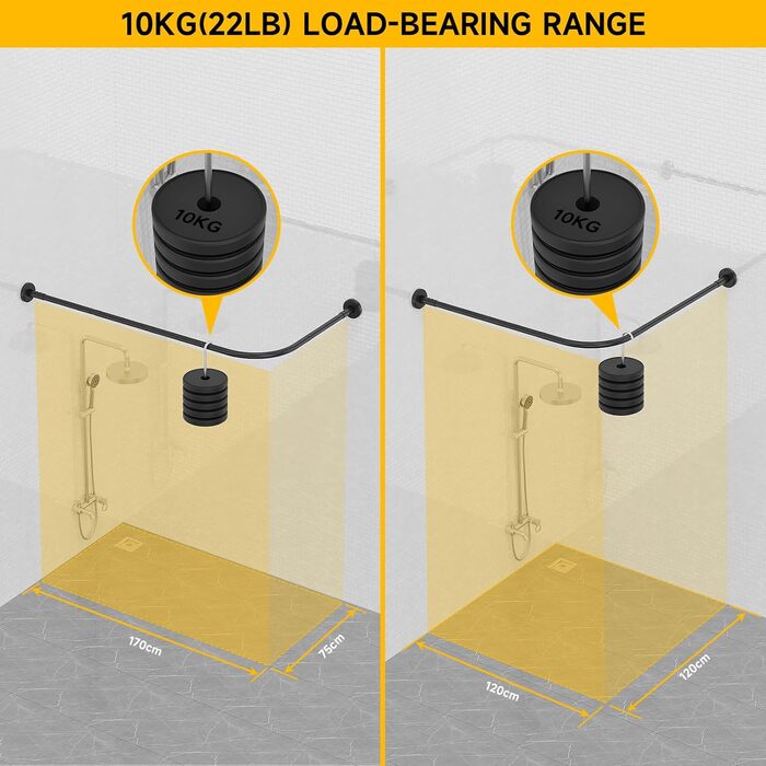 Штанга для душу L-подібна, регульована, 75-170 см, нержавіюча сталь, чорний колір, з кільцями для душу, для ванної кімнати, ванни, роздягальні