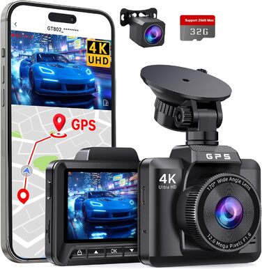 Відеореєстратор Auto Dashcam 4K+1080P з GPS, WiFi, паркуванням, подвійний об'єктив, 32GB карта пам'яті, 170° кут огляду, Super нічне бачення, G-сенсор, циклічна запис, керування через APP, Max 256GB, чорний