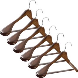 Дерев'яні вішалки для одягу – набір 6 шт. – міцні вішалки з широкими плечима, 6,3 см вигин для піджаків та костюмів, вішалки для штанів з висувним перекладином
