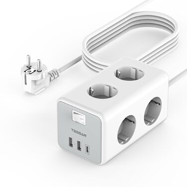 Мережевий фільтр TESSAN 6 розеток з USB-C, 9 в 1, з вимикачем, 2м кабель, для дому та офісу