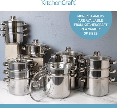 Набір каструль KitchenCraft 3 шт. з пароваркою, суповою каструлею, індукційне дно, нержавіюча сталь, подарункова коробка, 16 см, сріблястий