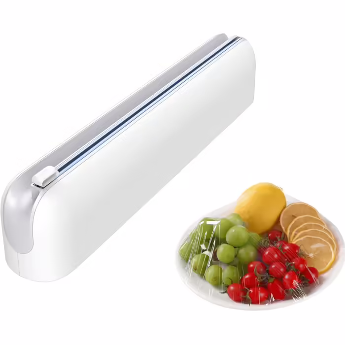 Magnetic Foil Dispenser with Cutter - Improves cling film dispensers, Practical cutter for plastic wrap & aluminum foil - Cling film roller for kitchen drawer, White
