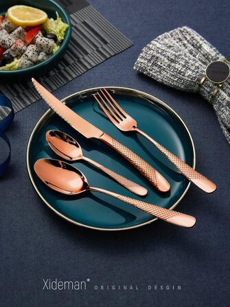 Набір столових приборів 24 предмети, нержавіюча сталь 18/10, мідний колір, сучасний дизайн, з двостороннім зазубреним ножем, для 6 осіб, можна мити в посудомийній машині