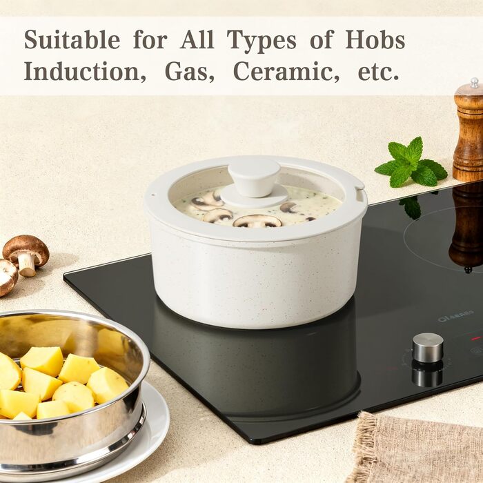 Набір каструль та сковорідок RIOVARM з знімними ручками: антипригарне покриття, кришки, сковорода для омлетів, гриль-сковорода, для всіх плит, стакельні каструлі