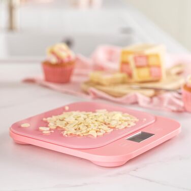 Цифрові кухонні ваги Salter British Bakes до 10 кг, точність 1 г, вологозахисні, з функцією тари та режимом вимірювання рідин, платформа з загартованого скла, рожеві