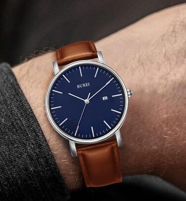 Годинник чоловічий BUREI Ultra тонкий аналоговий з датою, кварцовий механізм Japan, подарунок для чоловіків (срібло, шкіряний ремінець)