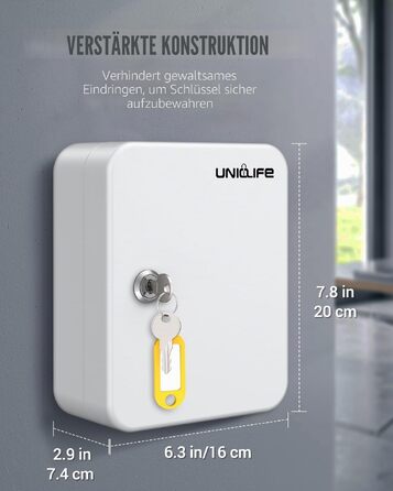 Настінна шафа для ключів Uniclife на 20 позицій зі сталі, замок безпеки, органайзер з кольоровими бирками та наклейками (Білий)