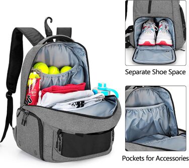 DSLEAF Tennis Bag for 2 Rackets - Backpack with Shoe Compartment - Sports Training Gym Bag for Tennis, Pickleball, Badminton, Squash - Grey