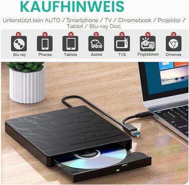 Зовнішній CD/DVD-привід Labtec для ноутбука Windows 11/10, USB 3.0 та Type-C, з картридером SD/TF та USB-хабом, портативний DVD-брунер