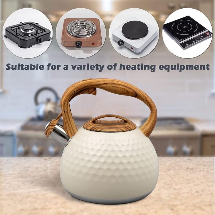 Чайник для плити, 3 л, нержавіюча сталь, з ручкою з деревом, чайник-свисток для індукційних, газових та електричних плит (білий)