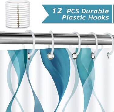 Шторка для душу Bonhause 180x180 см, водонепроникна, антигрибкова, смугаста, поліестер, для ванної кімнати, з 12 кільцями, колір Teal