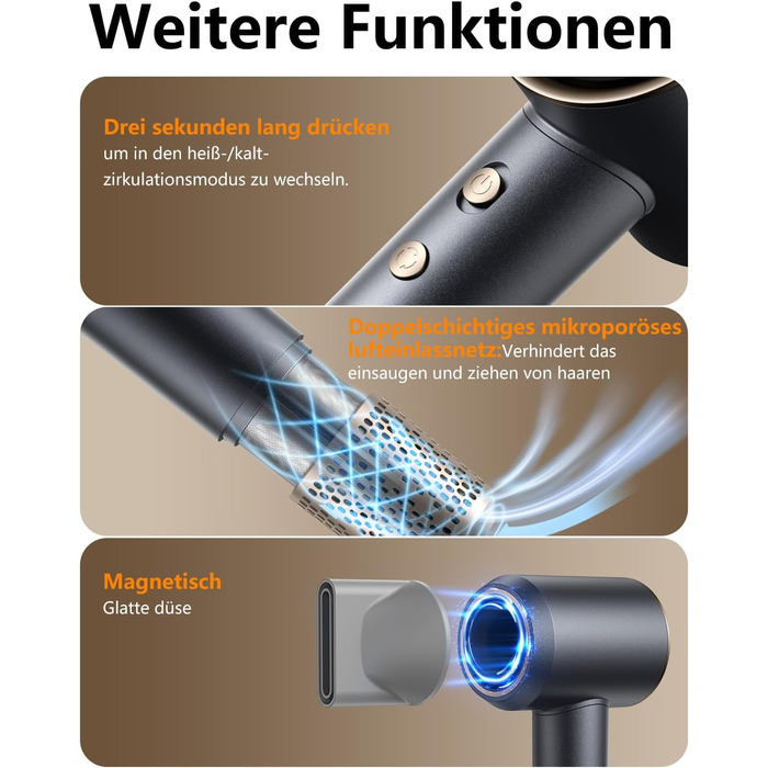 Іонський фен Föhn 200 мільйонів іонів, швидкий сушар для волосся 110 000 об/хв, компактний фен для подорожей, дому, салону. 3 температурні режими та 2 швидкості, концентрат. Сірий колір
