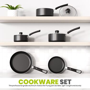 Набір посуду KICHLY 5 предметів з антипригарним покриттям: каструлі та сковорідки для індукційних плит. Включає сковорідки 20см, 28см та каструлі 20см, 22см, 16см з кришками (чорний)
