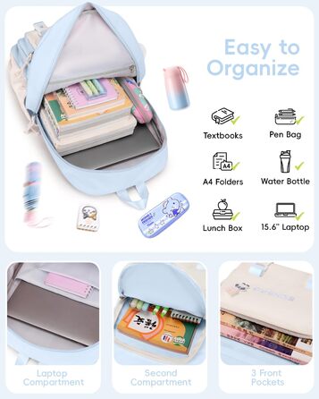 Рюкзак Tanou для дівчаток, шкільний набір: рюкзак, сумка через плече та пенал. Шкільний рюкзак для підлітків, casual, блакитний.