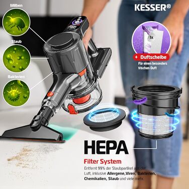 Бездротовий акумуляторний пилосос KESSER® з LED дисплеєм, до 60 хв роботи, тихий, без мішка, з антинамотувальною щіткою, HEPA фільтр, для твердих поверхонь та килимів, з аромадиском, чорний/червоний