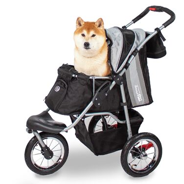 Візок для собак Innopet Comfort Air Eco чорного та срібного кольорів – візок для собак/кішок з колесами діаметром 30 см, складається в одну руку, підходить для лісових стежок – світловідбиваючі смуги, органайзер, перероблений нейлоновий матеріал