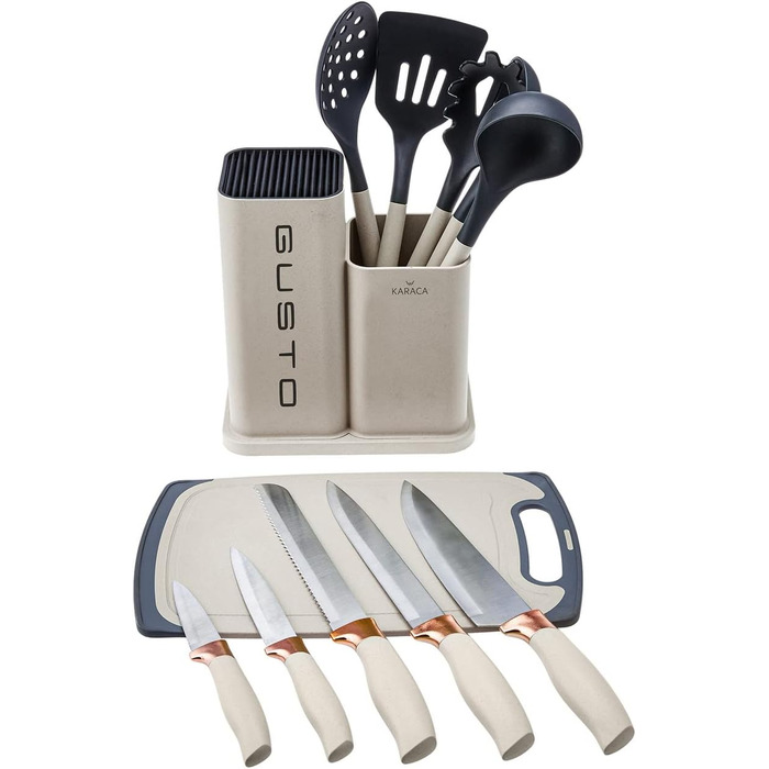Набір ножів Karaca Gusto 12 предметів з дощечкою та кухонними аксесуарами, з нержавіючої сталі, ергономічні ручки, чорний (кремовий)