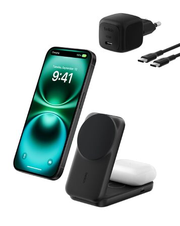Belkin UltraCharge Qi 2.2 Зарядна станція 2-в-1 25W MagSafe сумісна, бездротова зарядка для iPhone 17, iPhone Air, AirPods, Pixel – Чорний