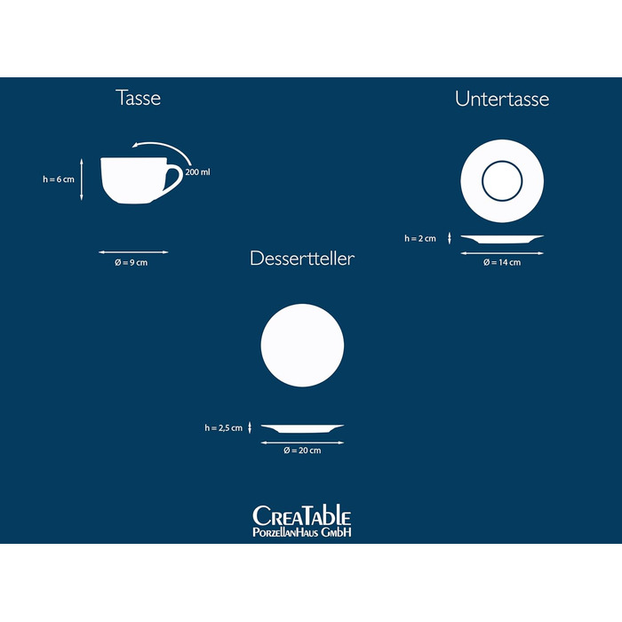 CreaTable Серія Luna Weiss: 12-частинний набір посуду з порцеляни для 6 осіб (кавовий сервіз), сумісний з посудомийною машиною та мікрохвильовою піччю