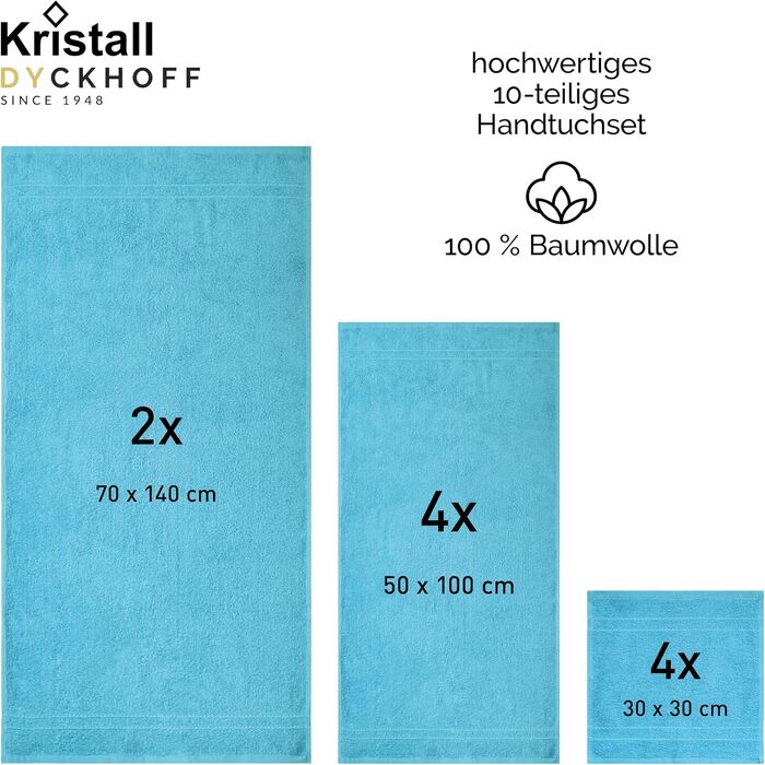 Набір рушників Dyckhoff Kristall, 10 предметів, 100% бавовна, сертифікація Oeko-TEX, бірюзовий (50x100см, 70x140см, 30x30см)