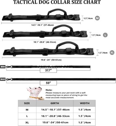 Тактичний нашийник для собак з ручкою та поводок, військовий стиль, м'яке наповнення, нейлон, регульований, середні та великі породи, чорний XL