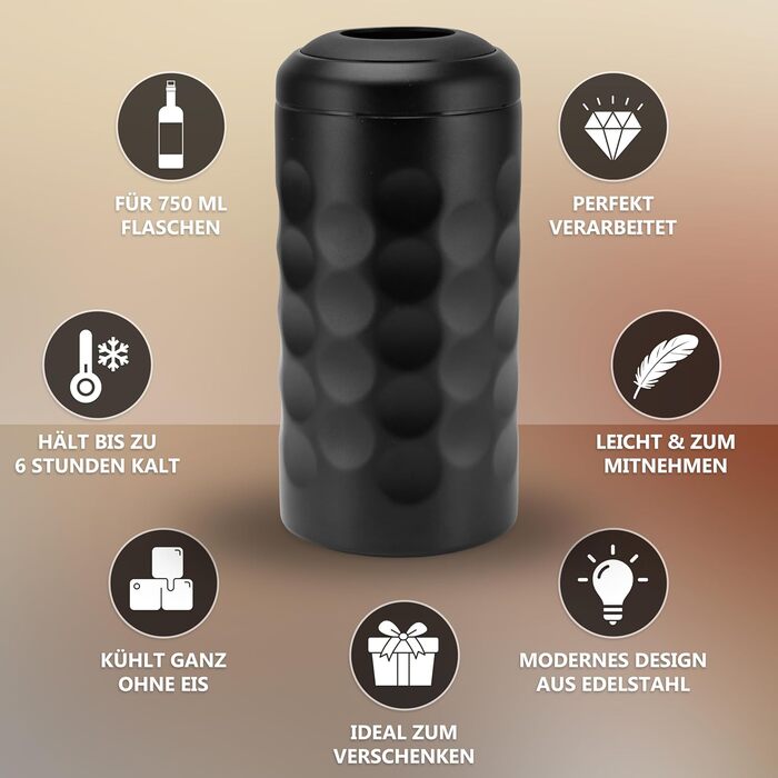 Охолоджувач вина Arktis – стильне наливання безпосередньо з охолоджувача | Вакуумний ізольований охолоджувач напоїв та охолоджувач пляшок для вина, шампанського, ігристого вина | Охолоджувач шампанського з подвійними стінками (Чорний)
