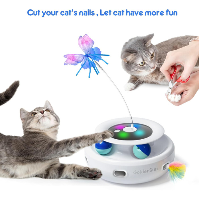 GoldenSun Cat Toy, 3 in 1 Electric Interactive Automatic Toy for Cats, Whack-A-Mole, Fluttering Butterfly, including Ball, USB Rechargeable Cat Teaser with 6 Attachments (Z 3 Butterfly)