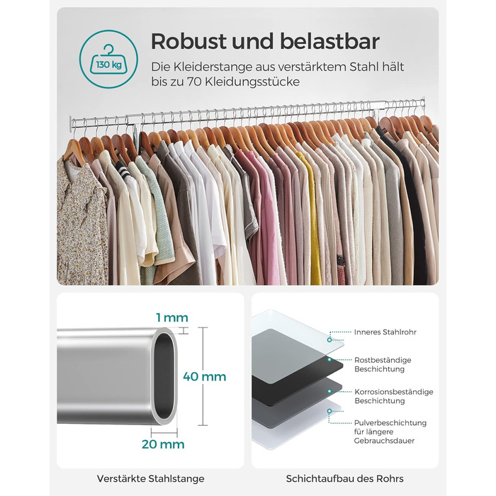 SONGMICS Clothes Rack with Wheels, Garment Rack, Heavy-Duty, Extendable Clothes Rod, Holds up to 130 kg, 45 x (110-150) x 162.9 cm, Metal, Chrome, Silver HSR11S