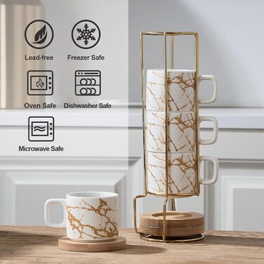 Набір порцелянових еспресо-чашок з блюдцями та металевою підставкою LUKA (4 шт.), 118 мл, мармуровий білий