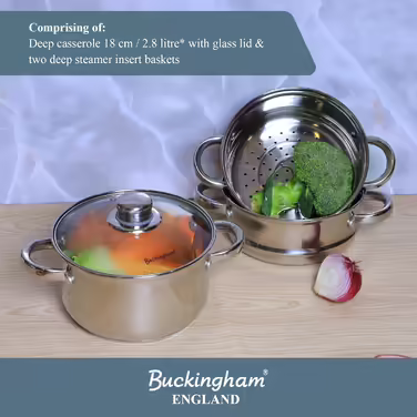 Пароварка Buckingham, 3-рівнева, з скляною кришкою, 18 см