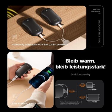 Електричні грілки для рук OCOOPA UT3 PRO (2 шт), 10000mAh, USB Powerbank, 4 режими нагріву, до 58°C, для чоловіків, ідеально для гольфу, полювання та кемпінгу, чорний