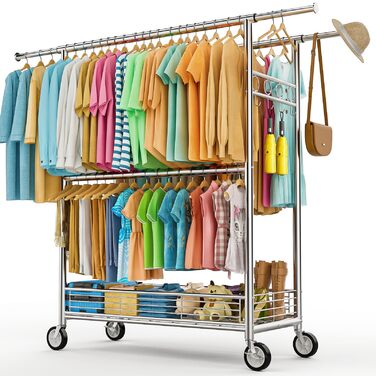 Вішалка для одягу Bomclap з міцним навантаженням, хромована, з колесами, висувна, 3 перекладини, 8 гачків, металева полиця, до 160 кг