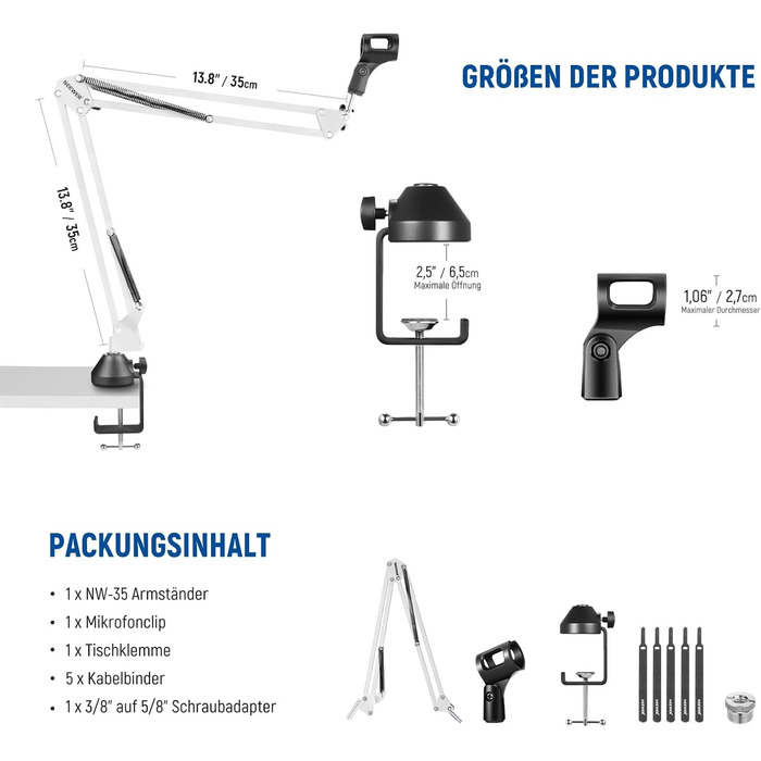 Тримач для мікрофону Neewer NW-35, підвіс Boom Schere, штатив з гвинтовою різьбою 3/8' - 5/8', сумісний з Blue Yeti, Quadcast та іншими мікрофонами, максимальне навантаження 1.5 кг