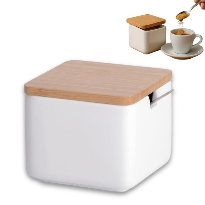 Керамічна цукерниця з ложкою та кришкою з бамбука - цукерниця для дому та кухні, сучасна куляста форма, для цукру, сиру, спецій, 10 x 10 x 9 см (білий круглий) (білий квадрат)