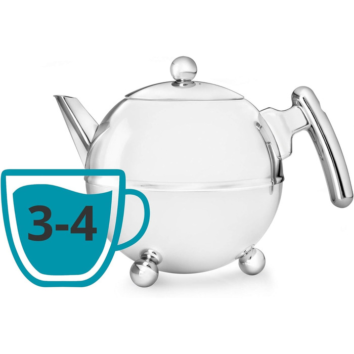 Bredemeijer round, double-walled stainless steel teapot, 1.2 liters with chrome-colored handle (0.75 l)