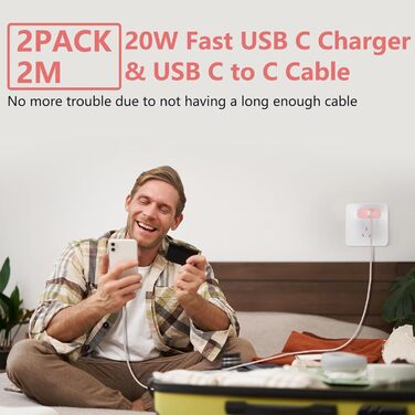 Зарядний пристрій USB-C 20W з кабелем Type-C 2м для iPhone 16/15/Pro/Air, iPad - Рожевий + Зелений (2 шт)