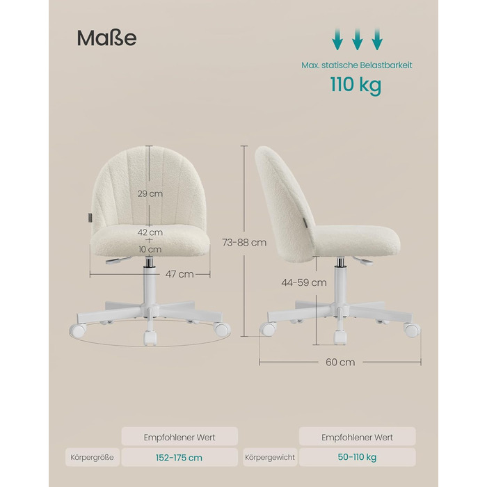 Офісний стілець SONGMICS з м'яким сидінням (фліс), регульована висота, кремово-білий - для дому, офісу, спальні