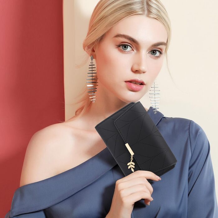 GOUNNU Wallet for Women PU Leather Women's Card Holder RFID Protection Women's Wallet Many Compartments Women's Short Wallet with 14 Card Slots and Coin Pocket Money Bag Women (Black)