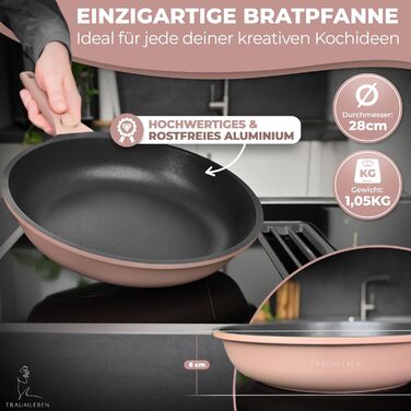 Набір сковорідок TRAUMLEBEN Neu 2-кількісний (24, 28 см) з знімними ручками, антипригарне покриття, PFOA-free, для індукції, для духовки, сковорода з покриттям, сковорода для смаження та універсальна (Рожевий, 28 см)