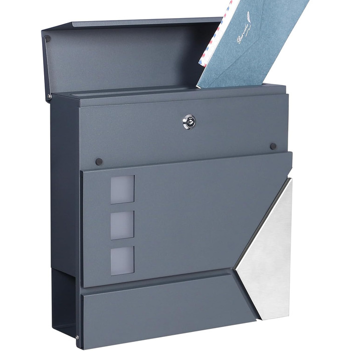 Поштовий ящик Wiltec Designer V24 антрацит/нержавіюча сталь 370x105x370 мм, настінний, з замком, оглядовим вікном та тримачем для газет